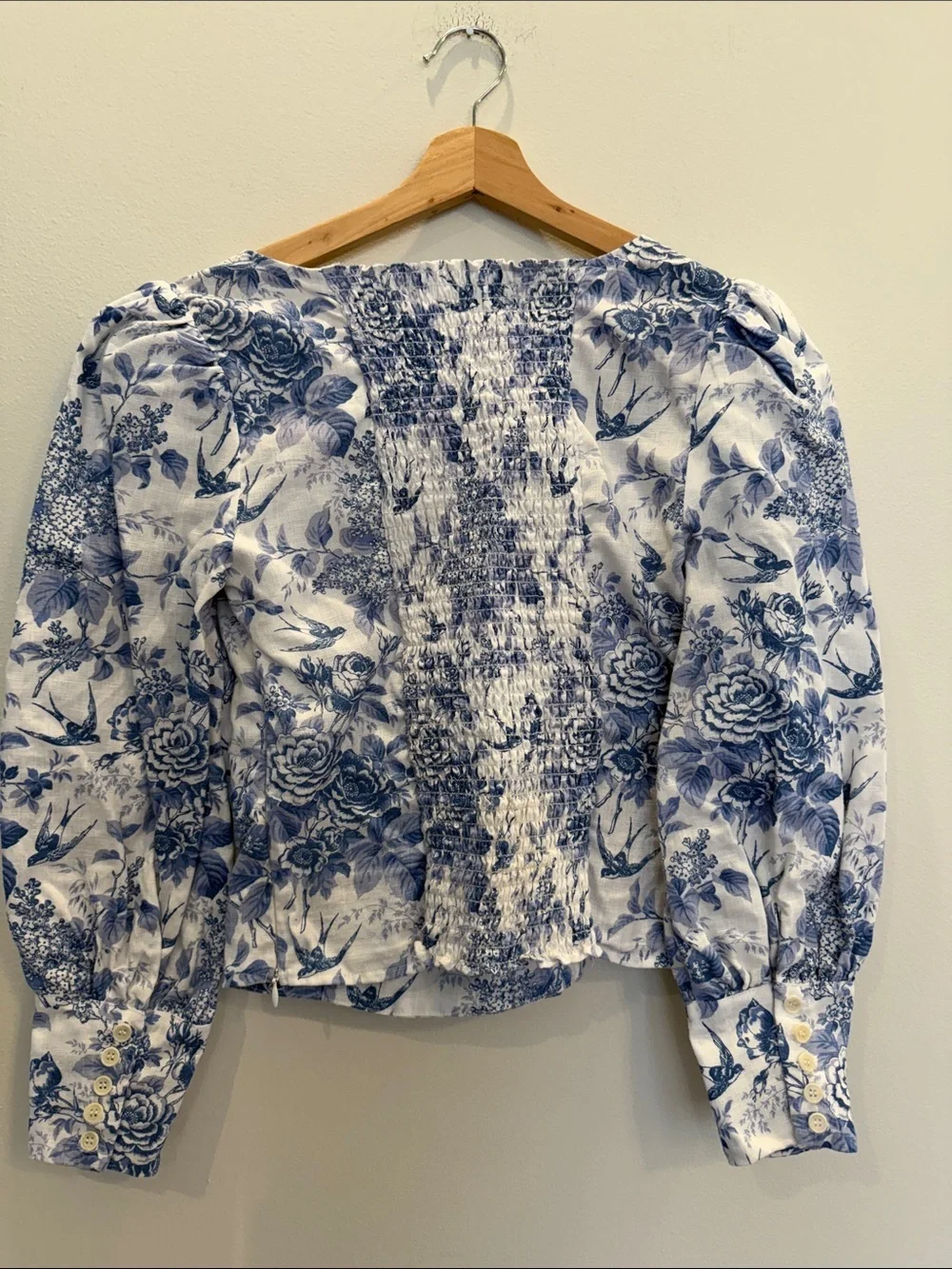 Reformation Stilton Linen Top White and Blue Floral Square-Neck Blouse